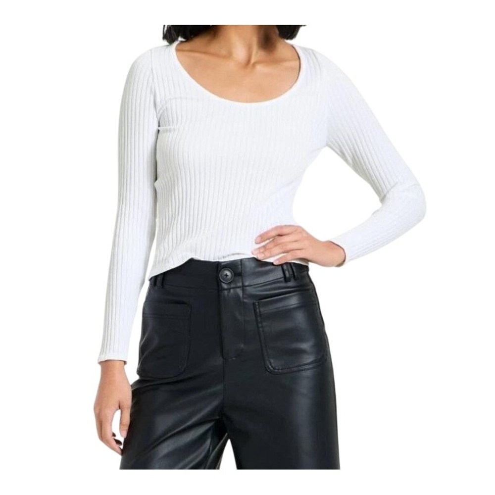 A New Day Women's White Ribbed Scoop Neck Long Sleeve Top Size Small